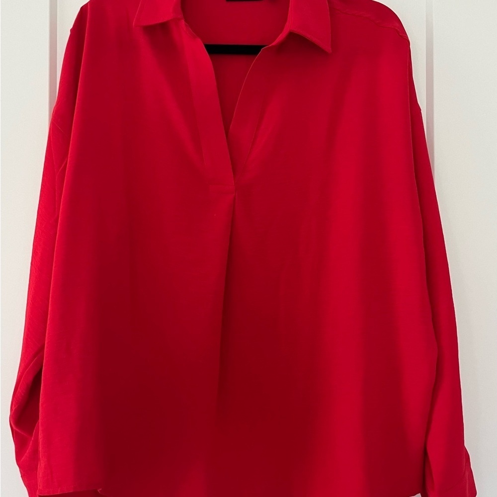 EUC Rafaella Vibrant Red Women's V-Neck‎ Blouse, Size Large